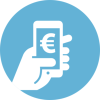 Weiße Grafik Hand mit Handy mit Eurozeichen auf blauem Hintergrund Grafik
