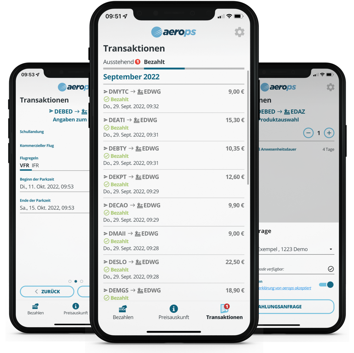 Drei Iphones-Handys mit aerops Flugplatz-Bezahlsysteme-App für Piloten geöffnet payment system for airports and pilots