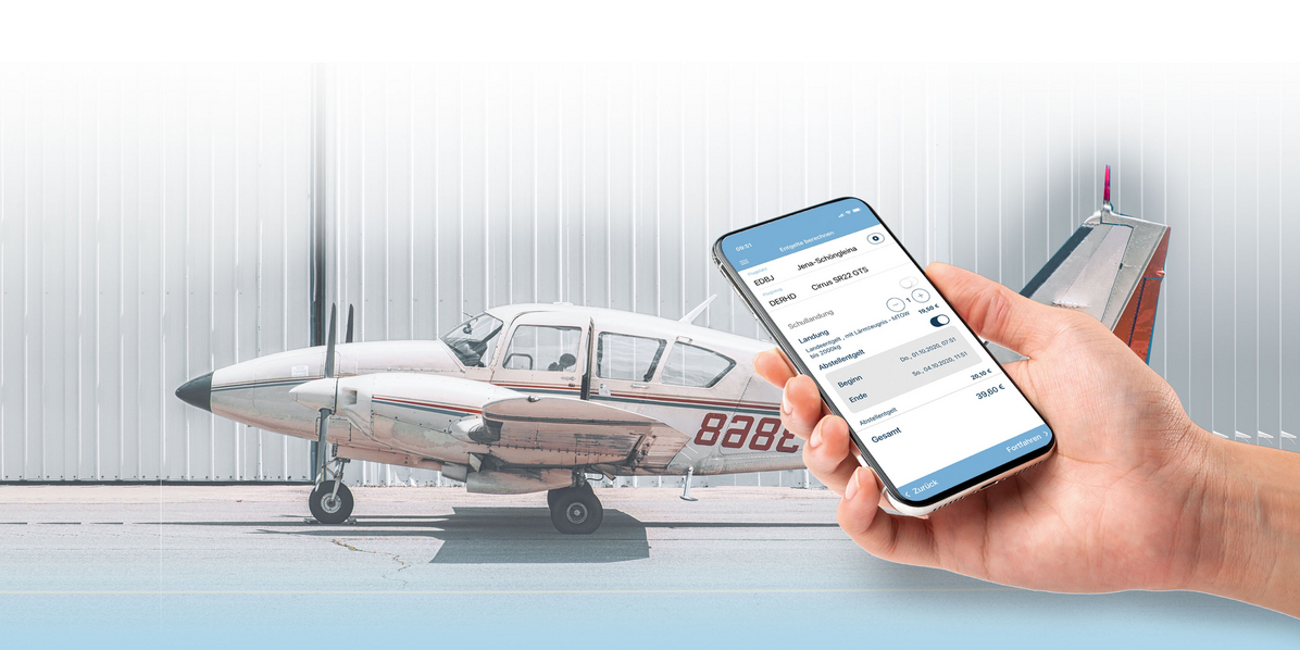 Iphone Mock-Up mit aerops-Bezahlapp geöffnet und dahinter kleines Flugzeug-Flotte-Flugmaschinepayment system for airports and pilots  