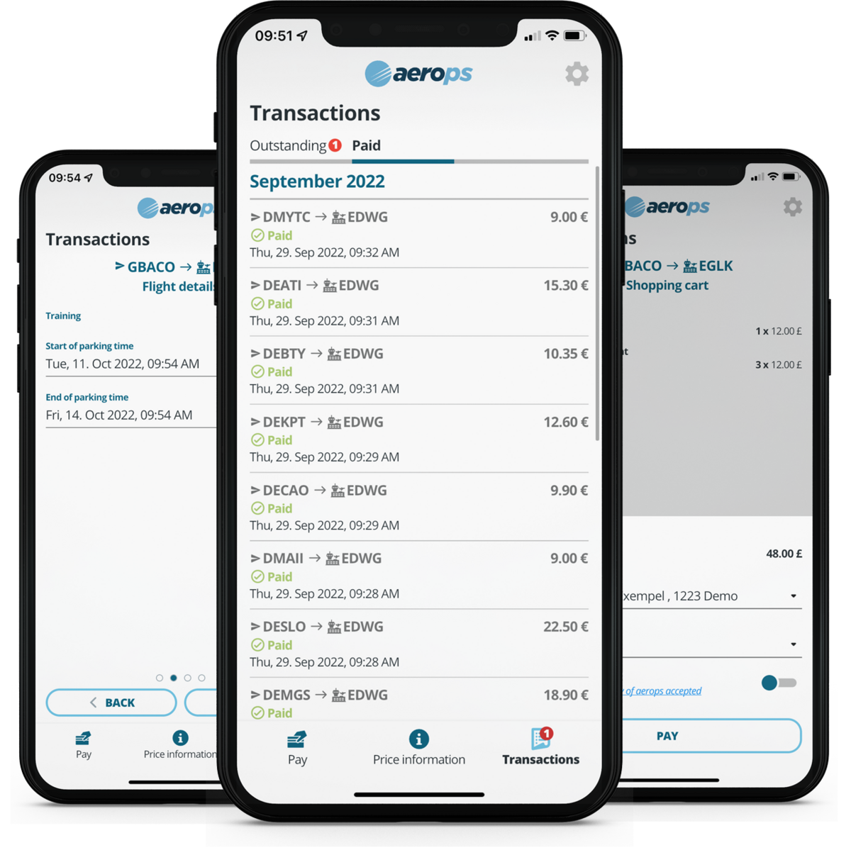 Drei Iphones-Handys mit aerops Flugplatz-Bezahlsysteme-App für Piloten geöffnet payment system for airports and pilots